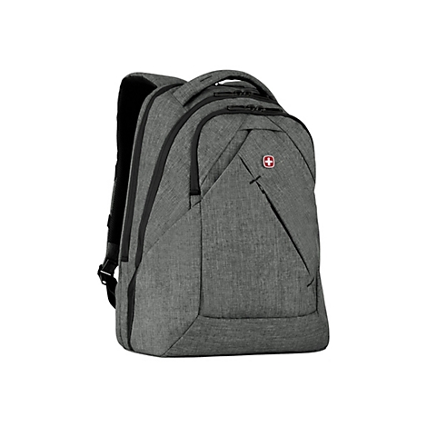 Grauer Rucksack mit schwarzer Umrandung. Auf der Front befindet sich ein rotes Logo.