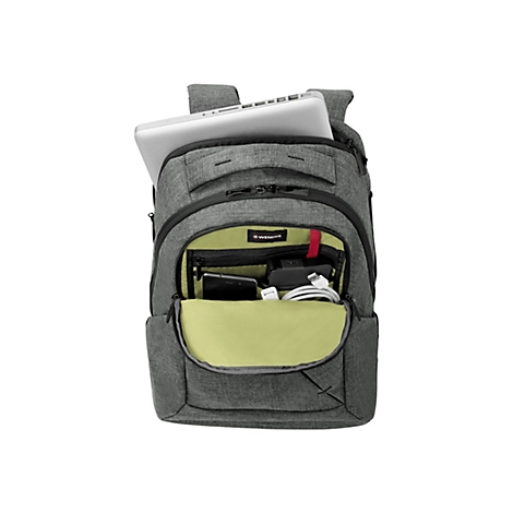 Grauer Rucksack mit Laptop und Zubehör, Innenfutter grün, Marke Wenger.