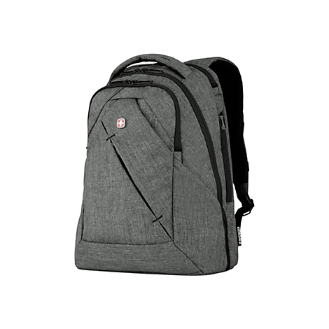 Grauer Rucksack mit Reißverschlüssen und Logo.