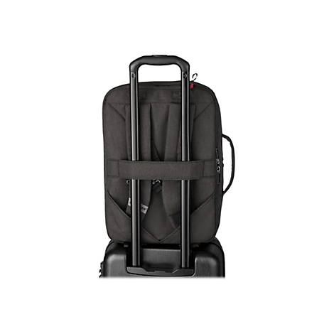 Dunkelgrauer Trolley-Rucksack mit schwarzem Gestänge, auf weißem Hintergrund.