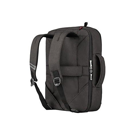 Dunkelgrauer Rucksack von Wenger mit silbernen Reißverschlüssen und Tragegriffen, detailreich.