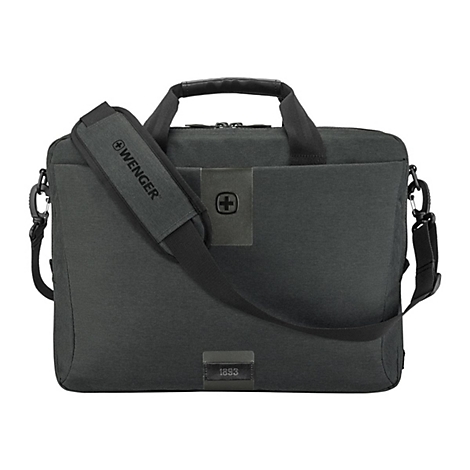 Dunkelgraue Laptoptasche mit Tragegriff und Schulterriemen. Auf dem Riemen steht "Wenger". Auf der Tasche ist ein Pluszeichen.