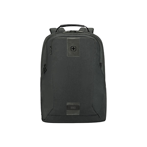 Dunkelgrauer Rucksack, Schweizer Kreuz-Logo, Reißverschlüsse, Griff oben, Text: 1893.