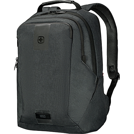 Dunkler Rucksack mit Logo. Aufschrift 1893. Seitliche Tasche, Tragegriff und gepolsterte Schultergurte.