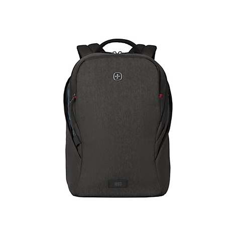 Dunkelgrauer Rucksack, Schweizer Kreuz Logo, Jahr 1893 am unteren Rand. Schwarzer Griff und Reißverschluss.