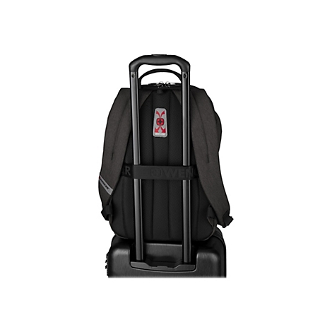 Schwarzer Rucksack mit Trolley-Funktion. Auf der Rückseite ist ein Airflow-System mit Logo zu sehen.