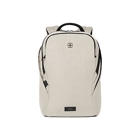 Beigefarbener Rucksack mit schwarzen Details und Logo.