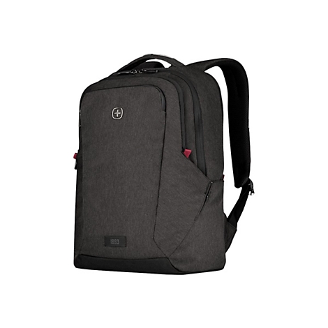 Dunkelgrauer Rucksack mit rotem Akzent. Auf der Vorderseite befindet sich ein Logo, darunter steht 1893.