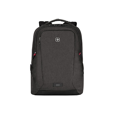 Dunkelgrauer Rucksack mit Schweizer Kreuz. Reißverschlüsse rot akzentuiert, darunter Schriftzug '1893'.