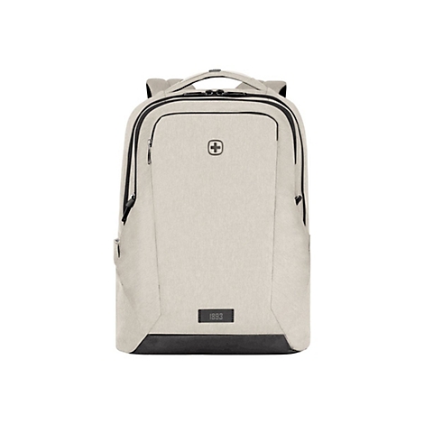 Beigefarbener Wenger-Rucksack vor weißem Hintergrund mit schwarzem Logo und der Prägung 1893.