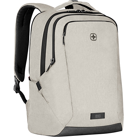 Beigefarbener Rucksack mit schwarzen Reißverschlüssen und Akzenten. Swiss Logo und „1893“ Schriftzug auf der Front.
