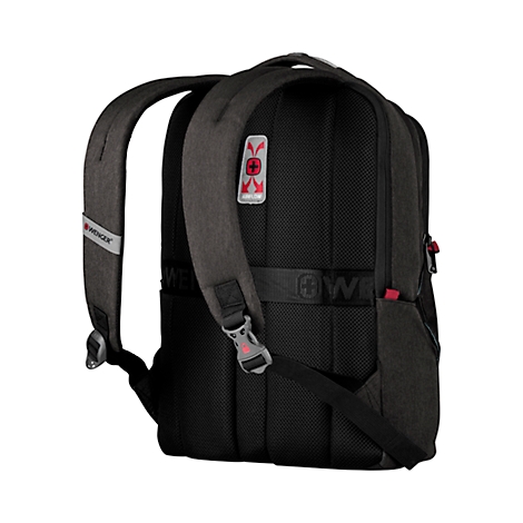 Sac à dos noir avec bretelles, panneau dorsal et accents rouges. Le logo "Wenger" est visible.