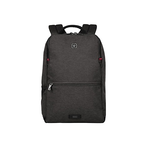 Dunkelgrauer Rucksack mit Swissgear-Logo. Reißverschlüsse, gepolsterte Gurte. Unten steht "1893".