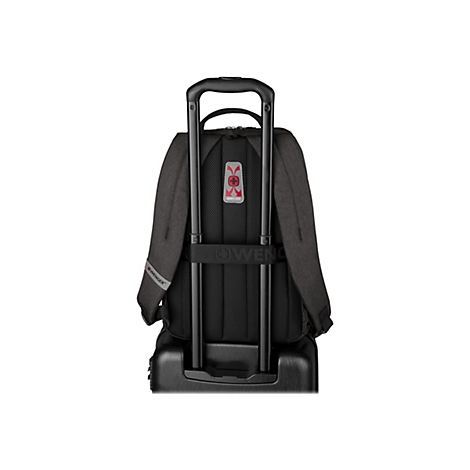 Dunkelgrauer Trolley-Rucksack von Wenger. Schwarze Griffe und Rollen, rotes Airflow-Logo.
