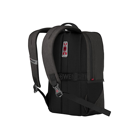 Dunkelgrauer Rucksack mit 'Wenger'-Logo. Details: gepolsterte Gurte, 'Airflow'-Belüftung, schwarzes Netzmaterial.