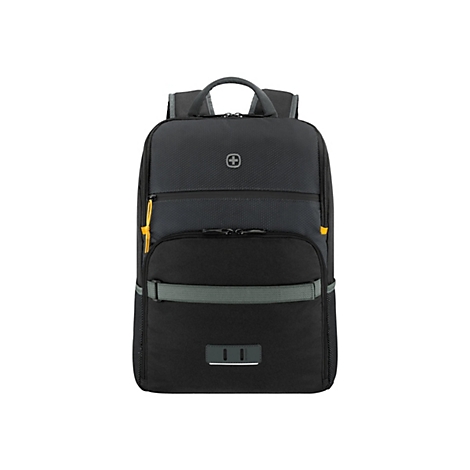 Sac à dos noir avec des accents gris et jaunes. Logo Wenger en haut.