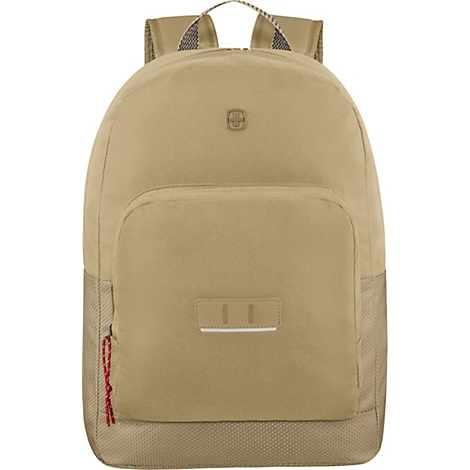 Sac à dos beige avec fermeture éclair, une petite poche et un logo.