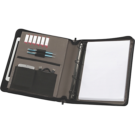 Black leather folder, open, with tablet, pens, USB cable, notepaper, and index cards.