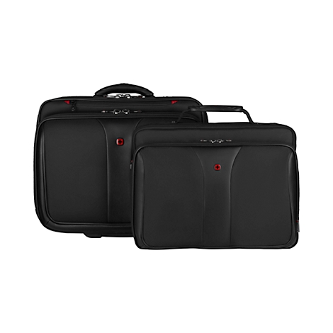 Two black briefcases against a white background. The left one is larger and has a handle. Both have red accents.
