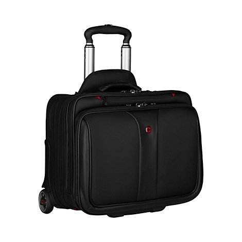 Black rolling suitcase with handle, wheels, and red logo. On a white background.