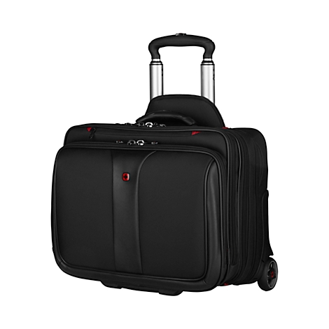 Black rolling suitcase with extendable handle and red details. On a white background.
