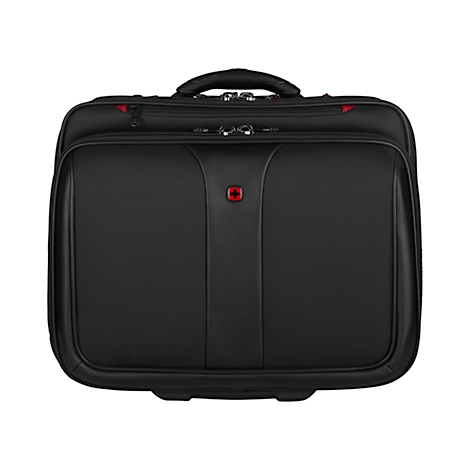 Black laptop bag with red logo and handle.
