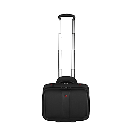 Black rolling suitcase with retractable handle. Red logo, centered. Background is white.