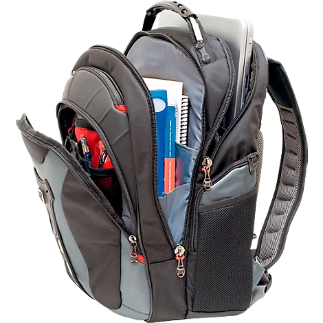 Sac à dos noir avec des accents gris, ouvert et rempli d'un ordinateur portable, de livres et d'articles d'écriture.