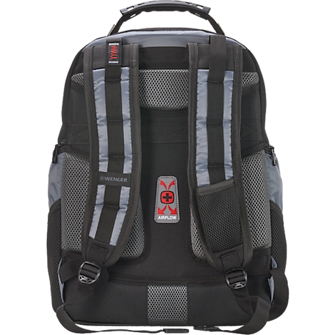 Sac à dos Wenger noir avec réflecteurs gris-argenté et logo airflow rouge.