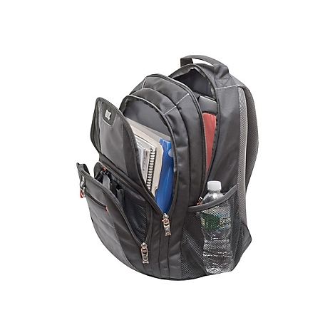 Schwarzer Rucksack, geÃ¶ffnet. BÃ¼cher, Ordner und eine Wasserflasche sind sichtbar.