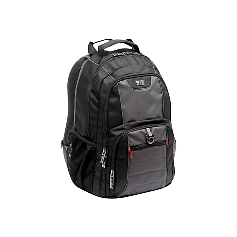 Schwarzer Rucksack mit grauem Fach. Rote ReiÃŸverschlussdetails. Griff oben. Auf weiÃŸem Hintergrund.
