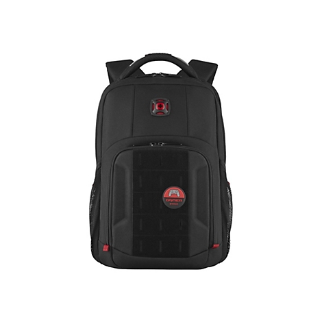 Schwarzer Gamer-Rucksack mit rotem Logo und Schriftzug.