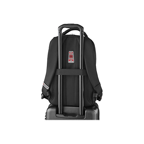 Schwarzer Rucksack mit Trolley-Gestänge, Rückansicht. Details: Logo, Airflow-System, Gurte.