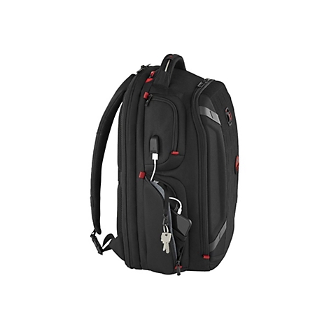 Schwarzer Rucksack in Seitenansicht. Rote Reißverschlüsse und USB-Ladekabel.