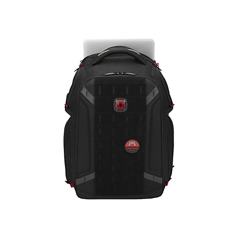 Schwarzer Rucksack mit roter Akzenten, Laptop im Fach. Auf der Front 'Gamer' Logo.