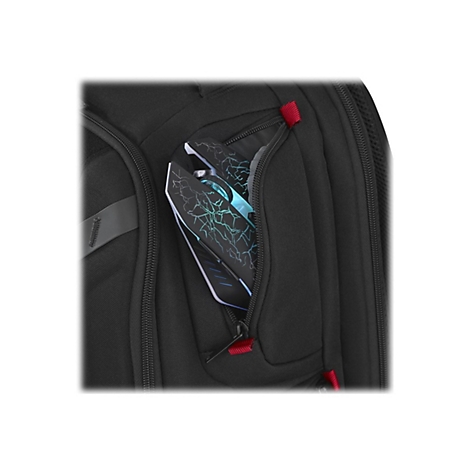 Ein schwarzer Rucksack, in dessen Fach eine Maus mit leuchtenden, blauen Linien steckt.