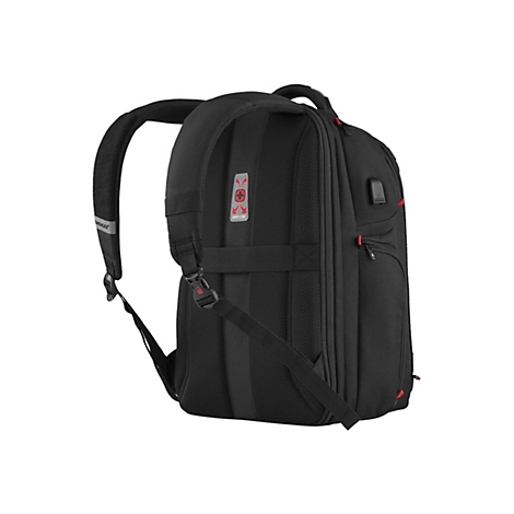 Schwarzer Rucksack mit roter Akzenten, Blick auf die Rückseite. Gut gepolstert, mit Airflow-System und USB-Anschluss.