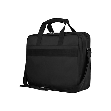 Schwarze Aktentasche mit Griffen, Schultergurt und ReiÃŸverschlÃ¼ssen.