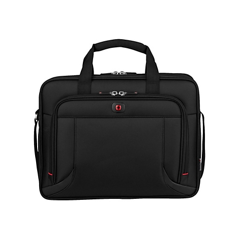 Schwarze Laptoptasche, Frontansicht. Griff, ReiÃŸverschlÃ¼sse und rote Akzente.