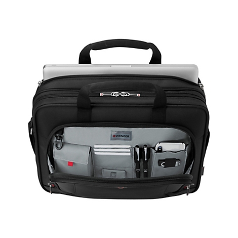 Schwarze Aktentasche mit Laptop und Utensilien im Inneren. Sie ist geÃ¶ffnet und zeigt FÃ¤cher fÃ¼r Stifte, Handy und Dokumente.