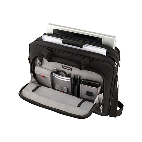 Schwarze Laptoptasche mit offenem Fach, in dem ein Laptop, Unterlagen und Accessoires zu sehen sind.