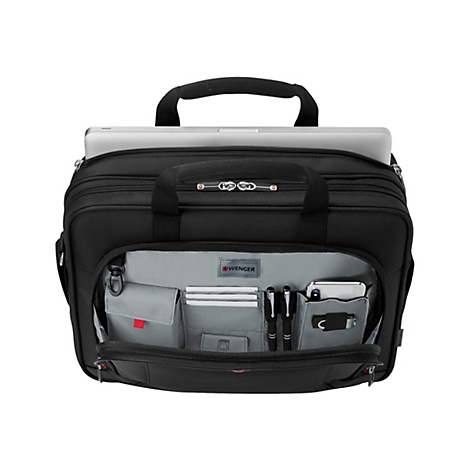 Schwarze Laptoptasche mit offenem Fach. Innen befinden sich Stifte, ein Handy und Karteikarten. Der Griff ist schwarz, oben liegt ein Laptop.