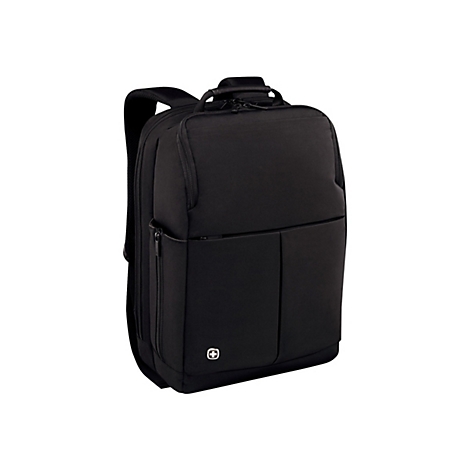 Schwarzer Rucksack mit mehreren FÃ¤chern und dem Logo in WeiÃŸ unten rechts.