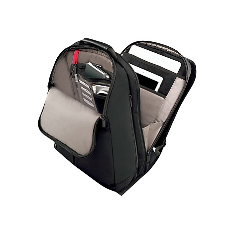 Schwarzer Rucksack, offen, mit verschiedenen FÃ¤chern und GegenstÃ¤nden wie Tablet und Stift.