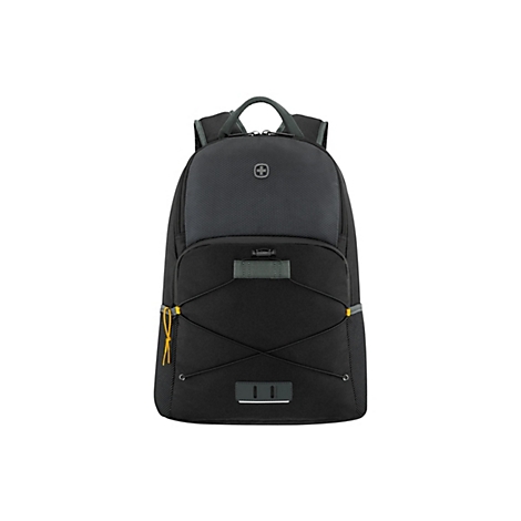 Schwarzer Rucksack mit dunkelgrauen und gelben Akzenten. Oben das Schweizer Kreuz auf dunklem Grund.