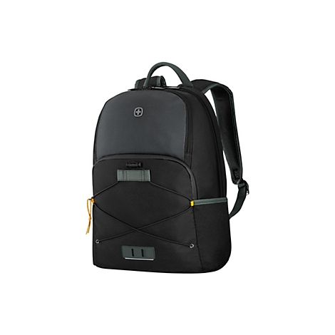 Schwarzer Rucksack mit dunkelgrauen und orangen Akzenten. Oben Logo mit Kreuz, vorn Zugschnüre. Auf weißem Hintergrund.