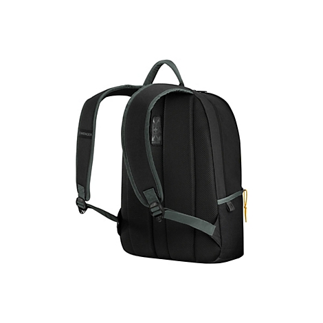 Schwarzer Rucksack mit grauen Akzenten. Der Rücken hat ein atmungsaktives Netzgewebe, der Schultergurt ist verstellbar. Auf dem Rucksack ist der Schriftzug WENGER zu sehen.