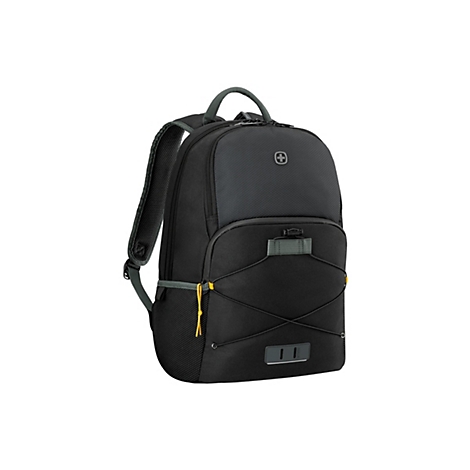 Schwarzer Rucksack mit dunkelgrauen und gelben Akzenten. Oben befindet sich ein Griff, auf der Front das Logo.