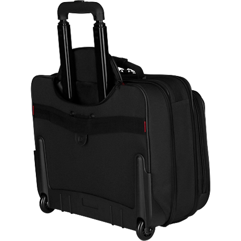 Black trolley, photographed from the back. The handle is extended, the piece of luggage has two wheels.