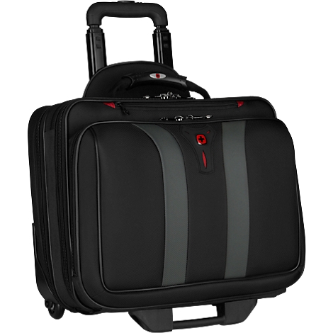 Black rolling briefcase with gray stripes and red logo.
